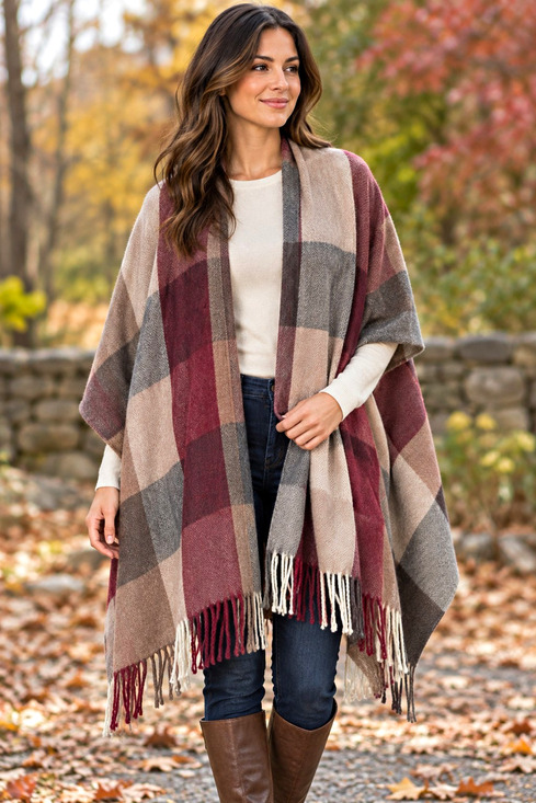 Woolrich Accessories - Woolrich Womens Plaid Ruana Wrap Poncho One Size Burgundy Fringe Cozy Cottagecor